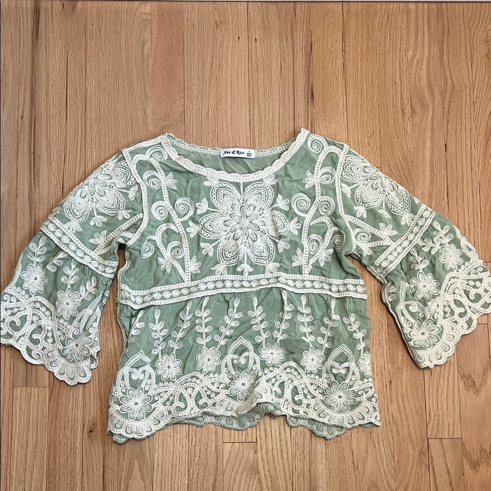 Love & Joy Sage Green Embroidered Lace Peasant Blouse